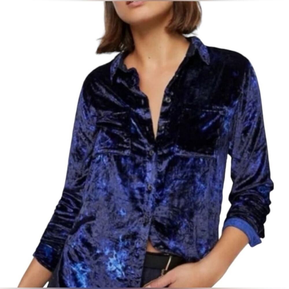 Pilcro Mara Velvet Shirt Women Size 4 Blue Excellent Floral Relaxed Button Up‎